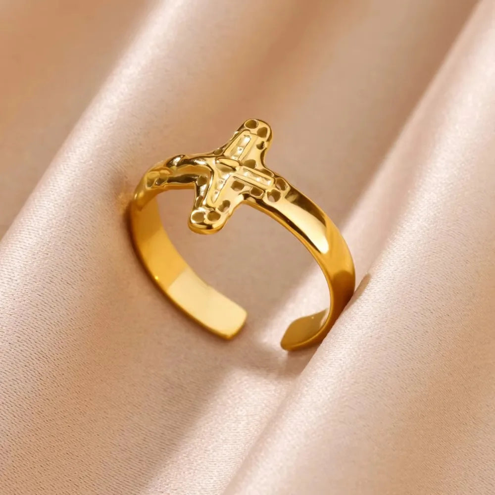 Stainless Steel Cross Rings for Women Vintage Gold Color Opening Cross Finger Ring Party Wedding Jewelry Gift anillos mujer