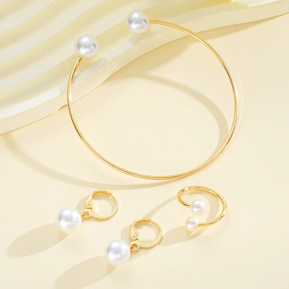 4Pcs/Set Simple Pearl Earrings Ring Bangle for Women Vintage Exquisite Gold Color Jewelry Set Female Wedding Party Jewelry Gifts
