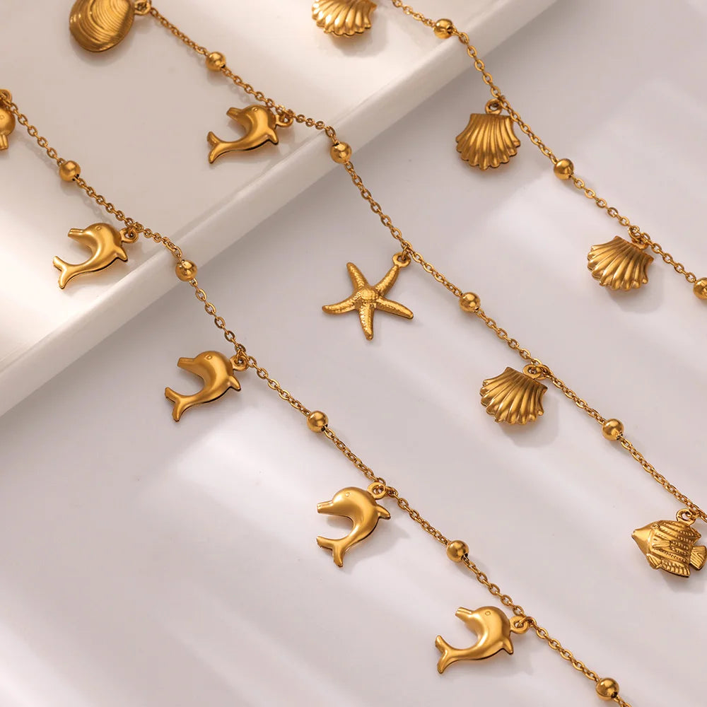 Summer Beach Stainless Steel Gold Color Chain Anklet For Women Starfish Shell Dolphin Fish Charm Ankle Bracelet Jewelry Gift