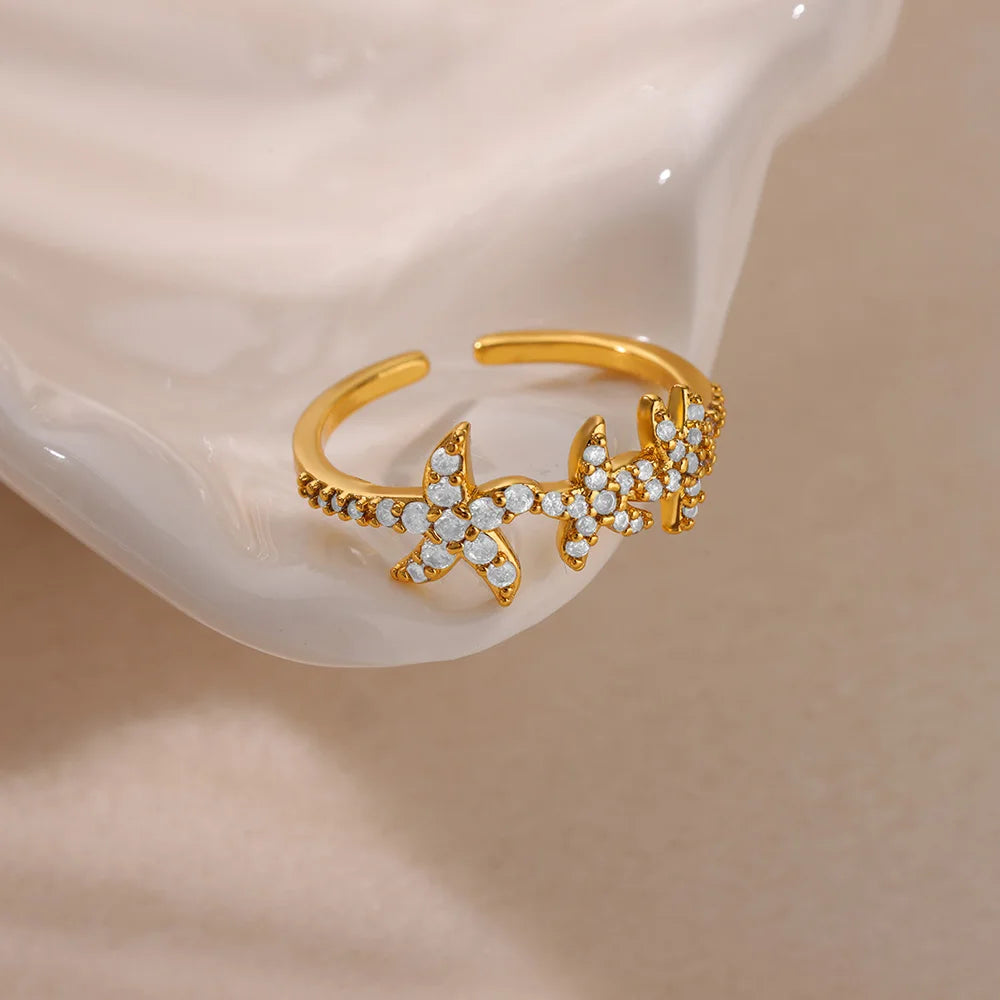 Green Zircon Seahorse Rings For Women Ocean Shell Starfish Turtle Stainless Steel Gold Color Finger Ring Summer Beach Jewelry
