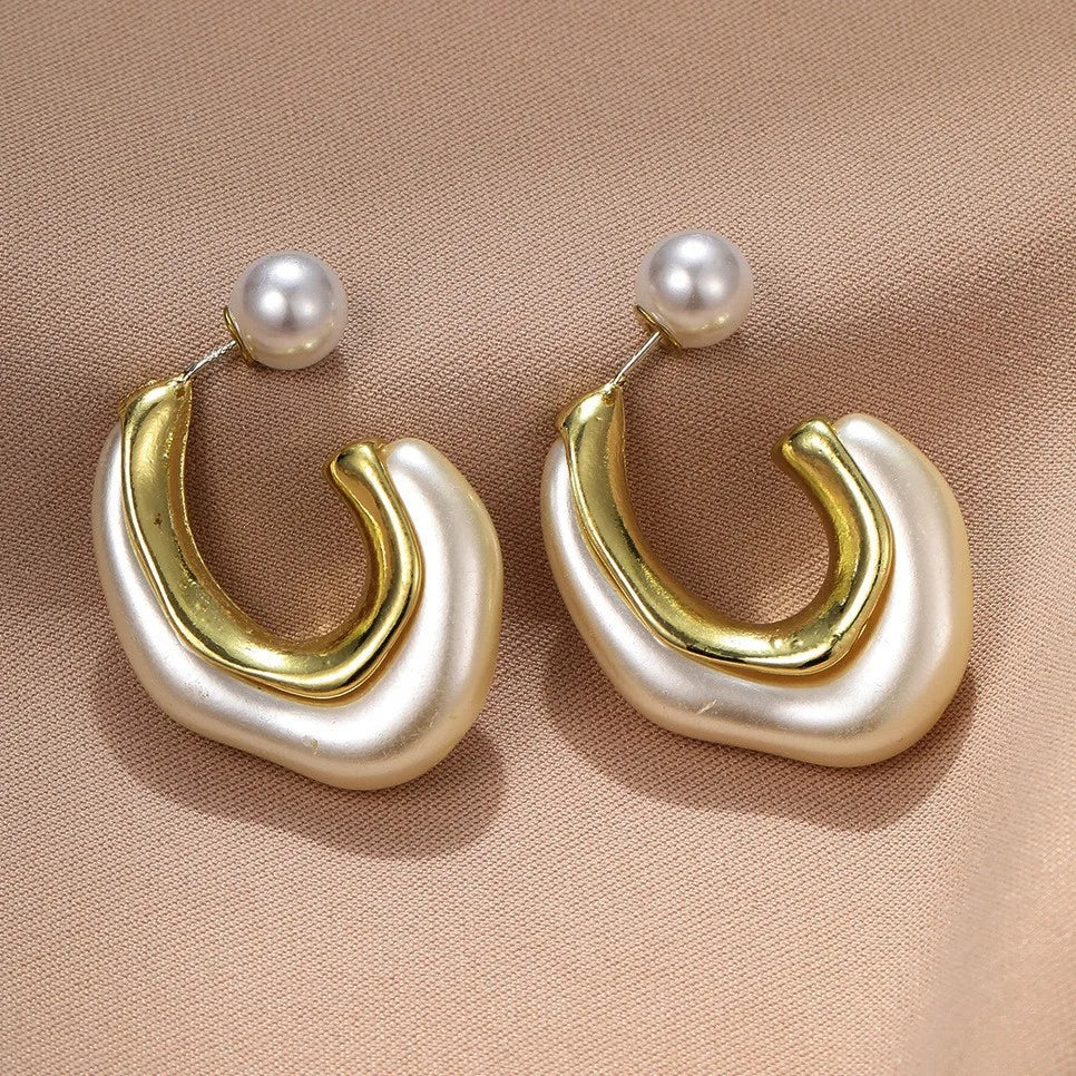 Yupsk New Design Irregular Metal Pearl Earrings for Women Personalized CC Shape Hoop Earring Korean Fashion Jewelry
