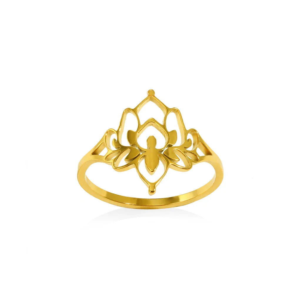 Stainless Steel Lotus Flower Ring for Women Gold Color Vintage Stone Opal Oval Flower Ring Fashion Aesthetic Jewelry Gift