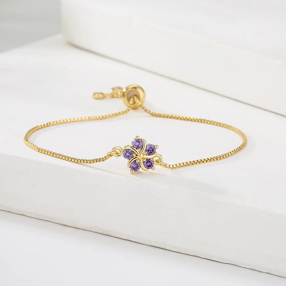 NEWBUY Fashion Gold Color Colourful CZ Zircon Flower Charm Bracelets For Women Party Jewelry Accessories