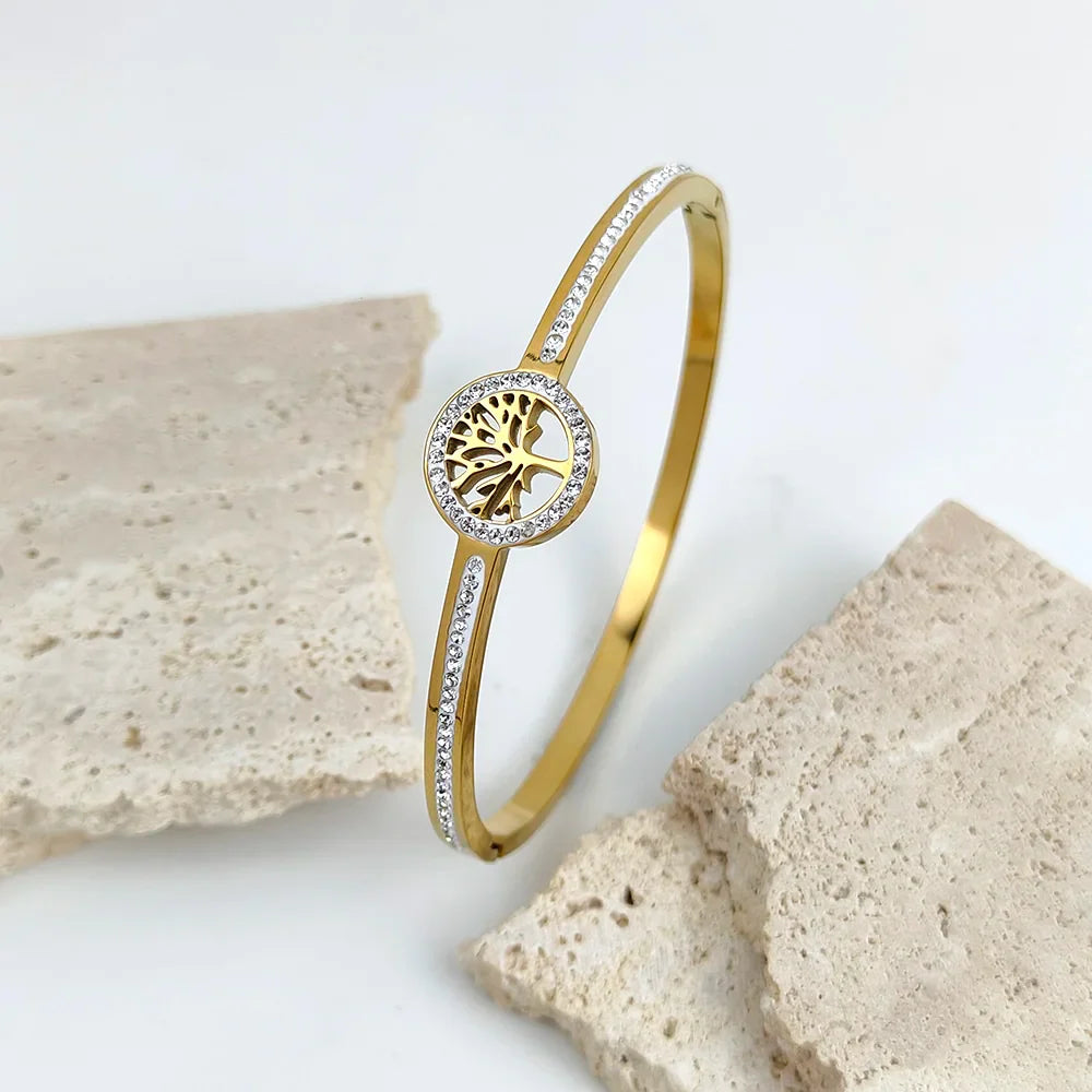 Luxury Stainless Steel Tree of Life Bangle for Women Men Crystal Zircon Bracelet Silver Gold Color Wrist Jewelry Accessories