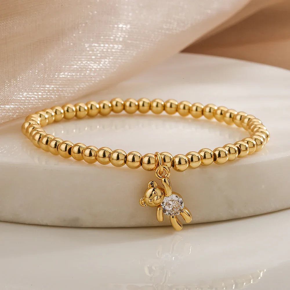 NEWBUY Trendy Gold Color Copper Beads Bracelets For Women White/Pink/Purple CZ Cute Bear Jewelry
