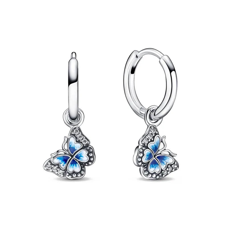 Christmas New 925 Silver Butterfly Blue Heart Red CZ Stud Earrings, Fit Women's Charm Jewelry Gifts Wedding