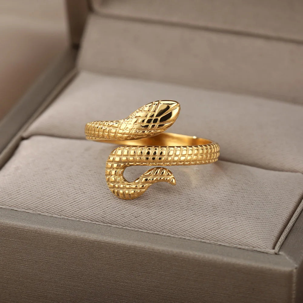 Stainless Steel Snake Rings For Women Men Gold Color Open Adjustable Zircon Ring Vintage Gothic Aesthetic Jewelry anillos mujer