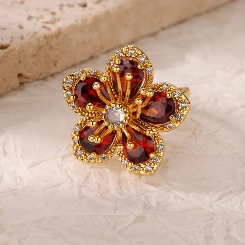 Luxury Colorful Zircon Flower Rings For Women Gold Color Stainless Steel Opening Ring Fashion Wedding Party Aesthetic Jewelry