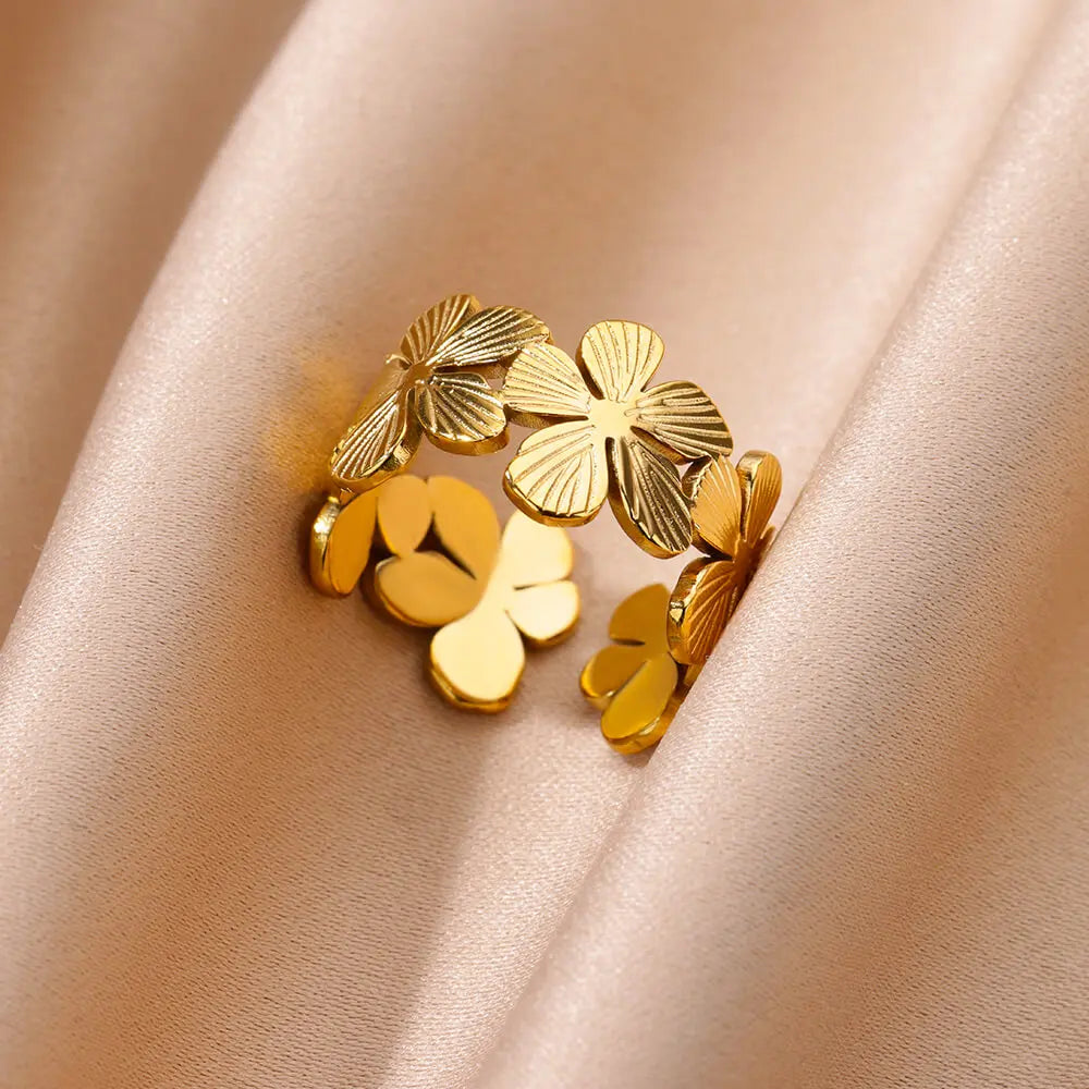 Stainless Steel Flower Rings for Women Gold Color Shell Starfish Multi Layer Hollow Out Ring Fashion Charm Jewelry Wedding Gifts
