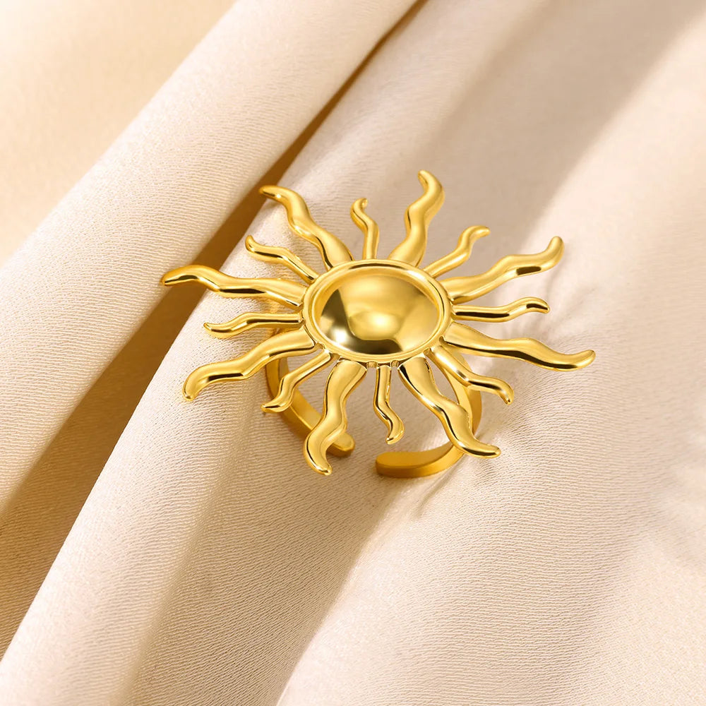 Exaggerated Sun Rings For Women Gold Color Stainless Steel Sun Adjustable Ring Fashion Anniversary Party Lucky Jewelry Gift