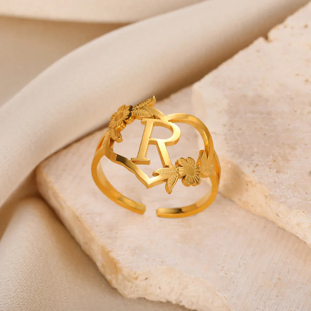 Stainless Steel Initials Letter Heart Rings for Women Girls Gold Color Flower Alphabet Ring Fashion Valentine's Day Jewelry Gift
