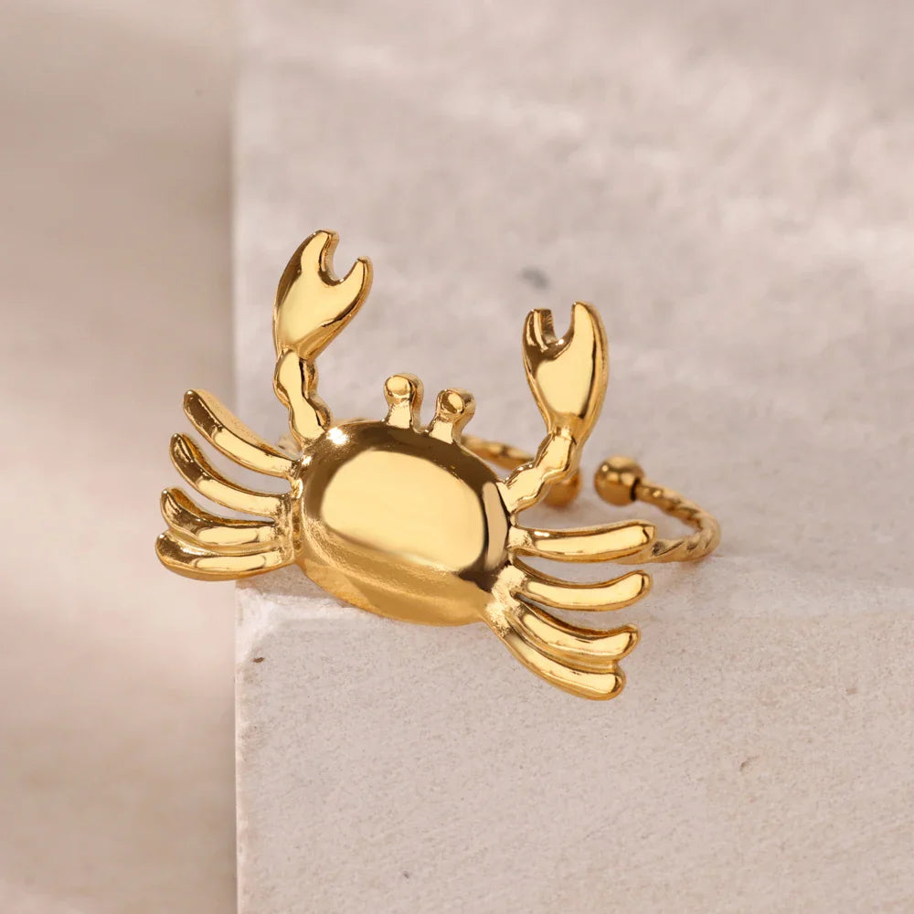 Stainless Steel Crab Rings for Women Gold Color Cute Animal Open Adjustable Ring Aesthetic Fashion Waterproof Jewelry Gift