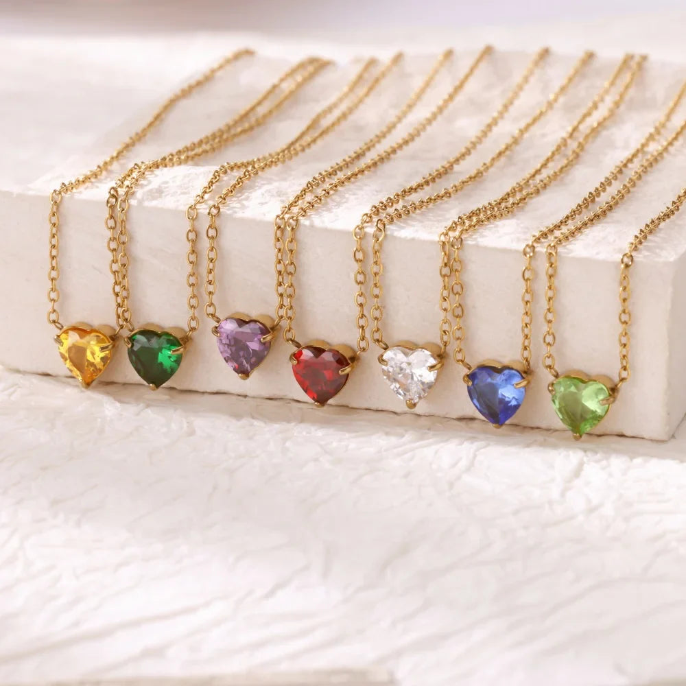 Stainless Steel Birthstone Pendant Necklace for Women Fashion Heart Crystal Zircon Charm Clavicle Chain Birthday Party Jewelry