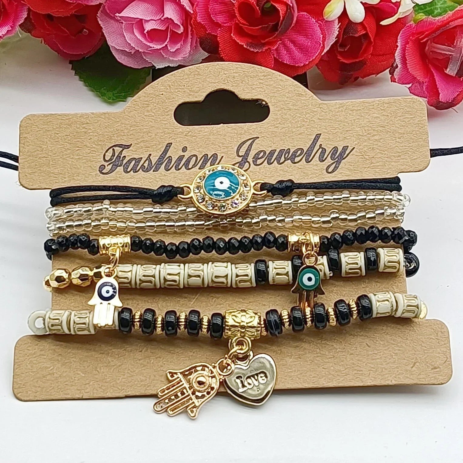 6Pcs Fatima Hand Evil Eye Bracelet Set For Women Heart Charm Beads Rope Chain Bangle Female Bohemian Handmade Jewelry