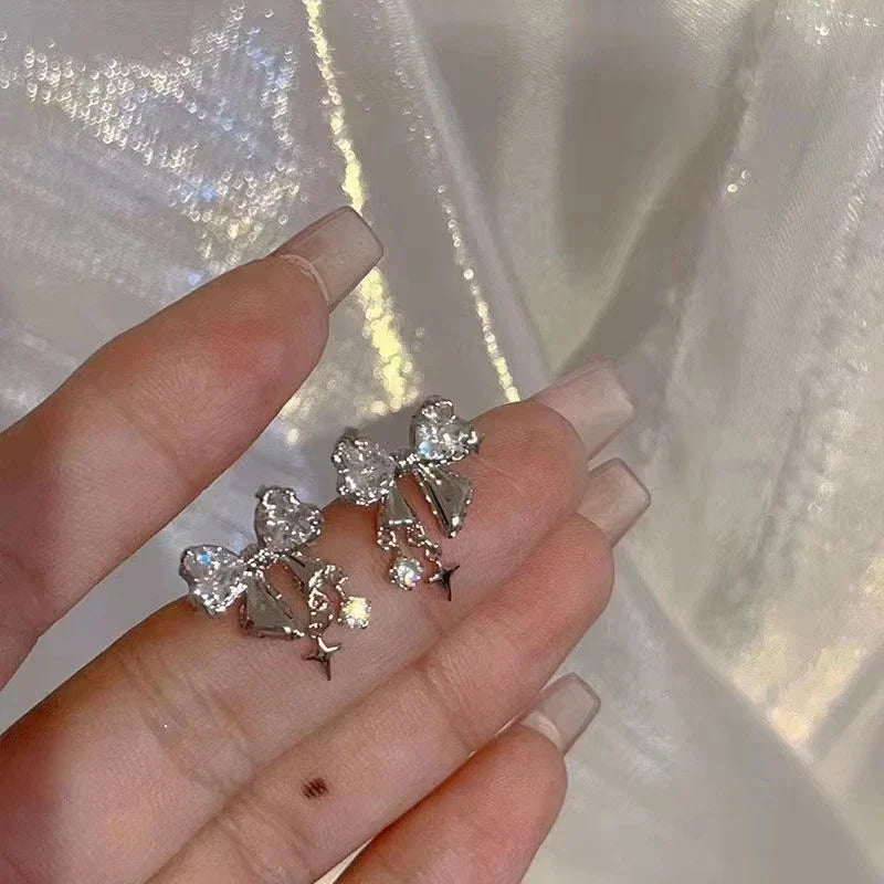 New Y2K Bowknot Zircon Stud Earrings for Women Fashion Korean Silver Color Pink Crystal Personality Earring Party Jewelry Gifts