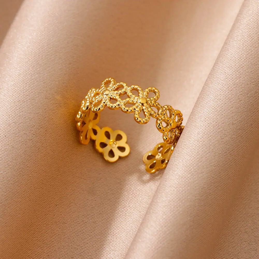 Hollow Flower Rings For Women Gold Color Stainless Steel Adjustable Multi-layer Flower Ring Wedding Aesthetic  Jewelry Gift