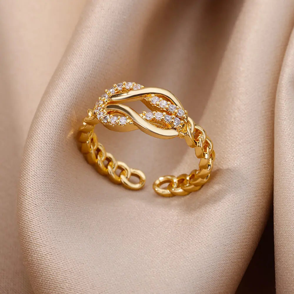 Zircon Chain Cross Rings For Women Vintage Gold Color Stainless Steel Geometric Open Ring Fashion Wedding Aesthetic Jewelry Gift