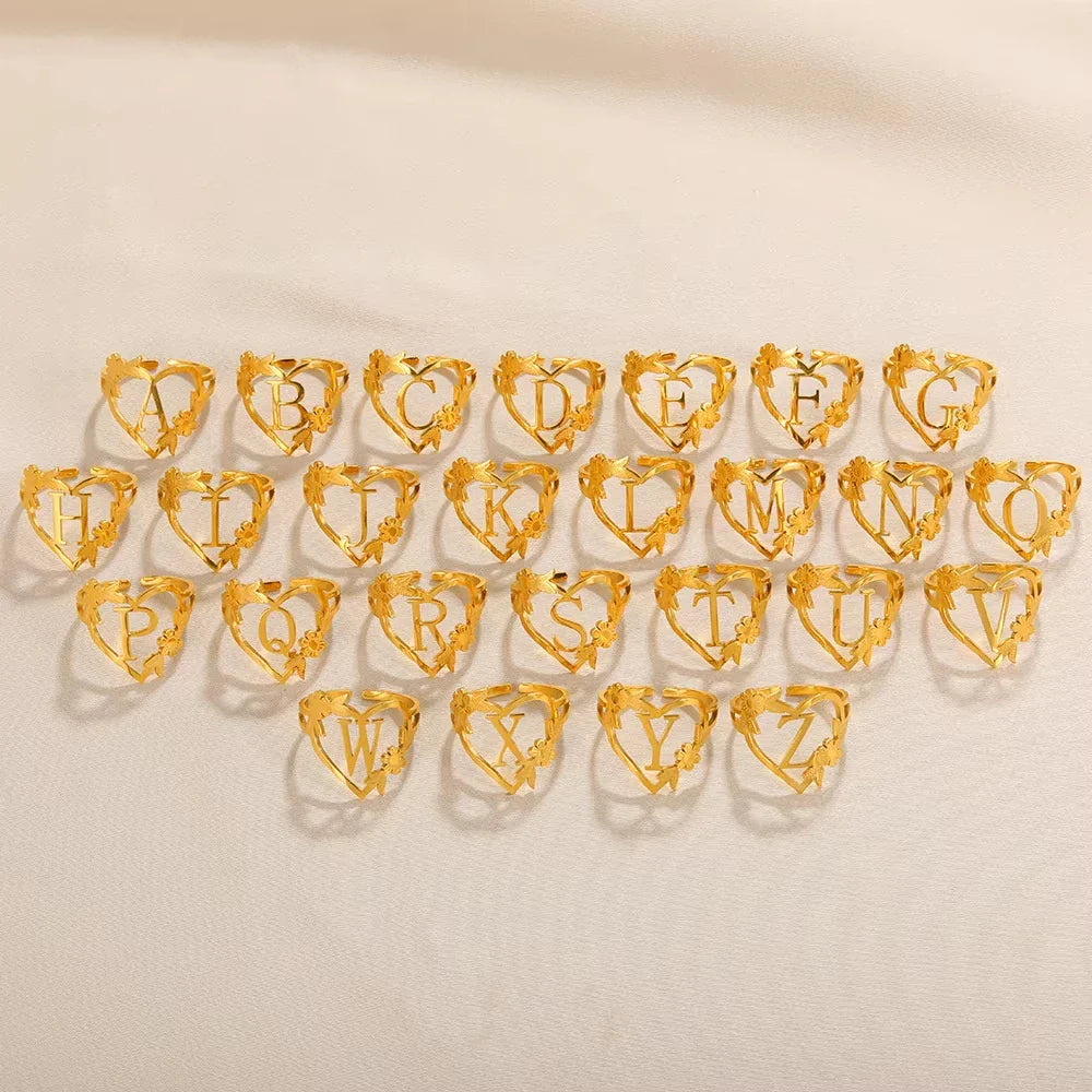 Stainless Steel Initials Letter Heart Rings for Women Girls Gold Color Flower Alphabet Ring Fashion Valentine's Day Jewelry Gift
