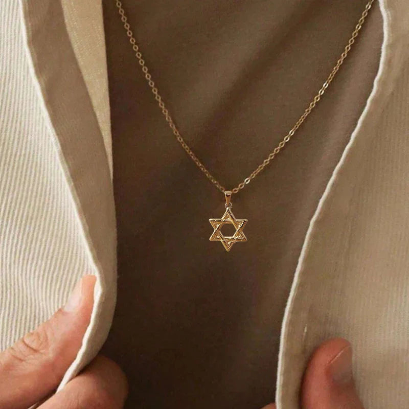 Stylish 18K Gold Plated Star of David Necklace in Stainless Steel - Religious Hexagram for Men & Women, Gift Option