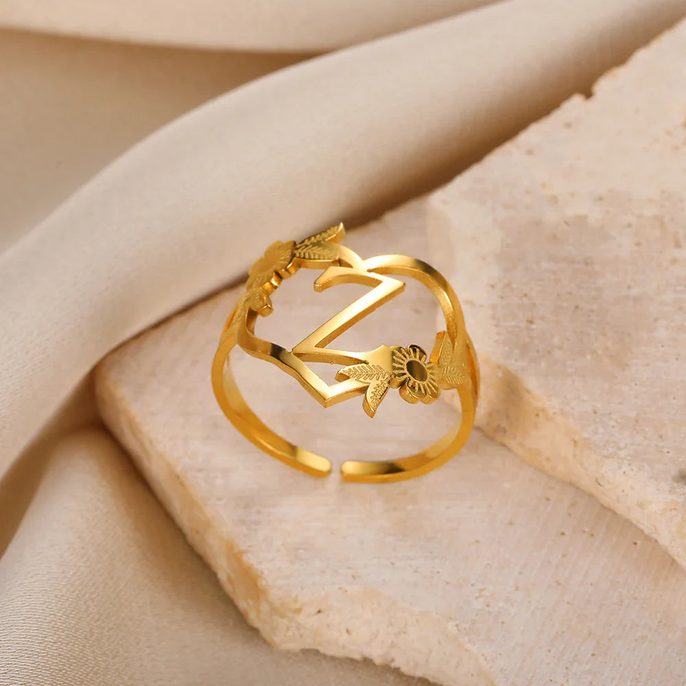 Stainless Steel Initials Letter Heart Rings for Women Girls Gold Color Flower Alphabet Ring Fashion Valentine's Day Jewelry Gift