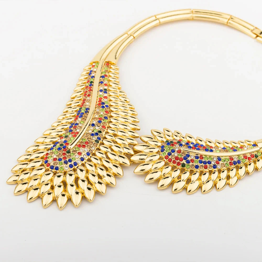 Trendy Colorful Jewelry Set for Women Zircon Collor Earrings and Necklace Large Gold Plated Bracelet Ring New Style Jewelry Gift