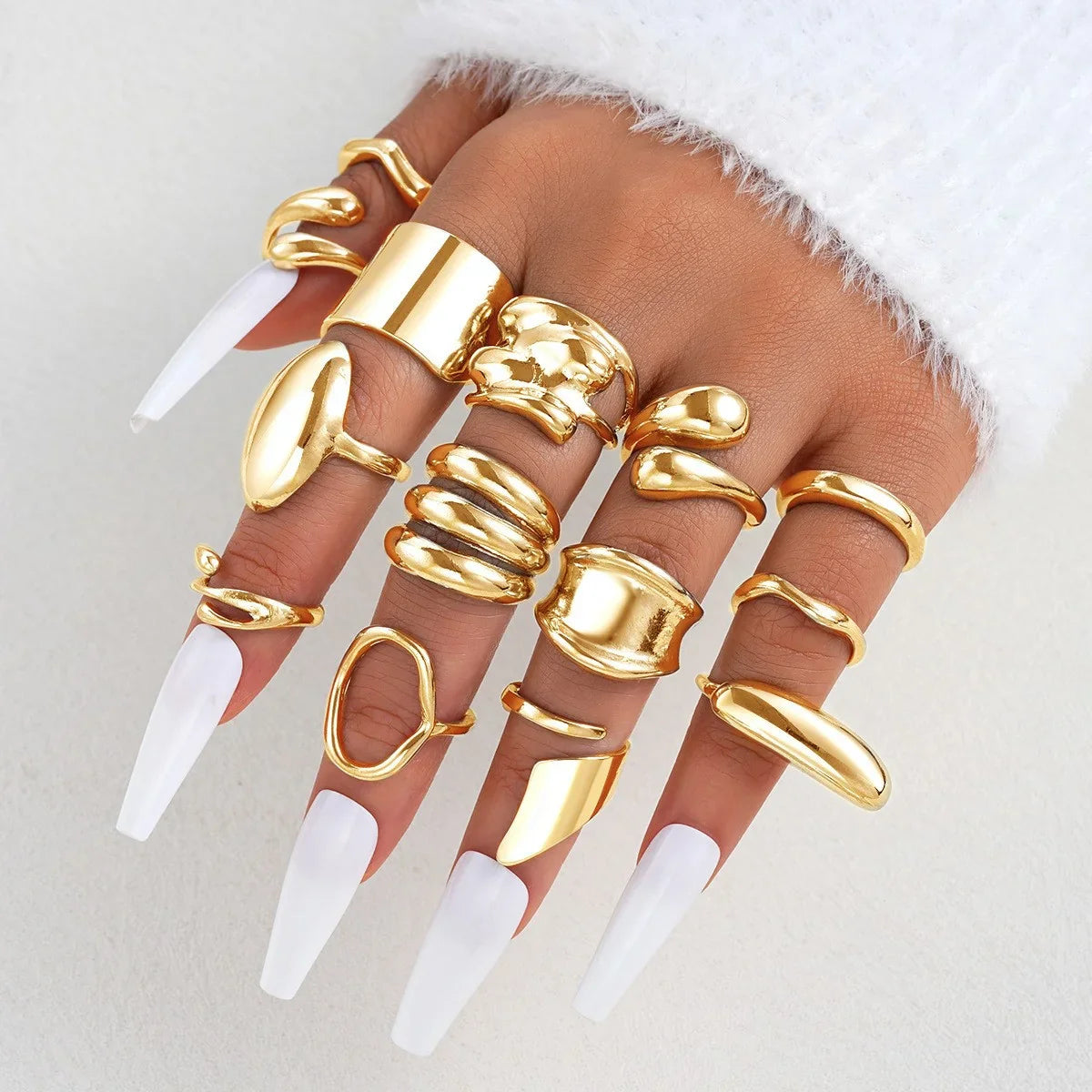 New 10Pcs/Set Irregular Smooth Rings Set for Women Geometric Exaggerated Gold Color Finger Rings Vintage Fashion Party Jewelry