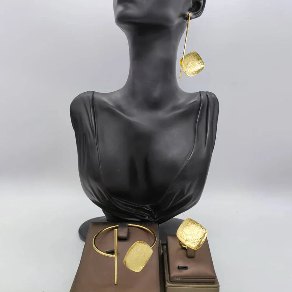 Dubai Gold Plated Earrings and Ring Jewelry Set for Party Dangle Earrings and Cuff Bangle Ring Set for African Jewellery Gifts