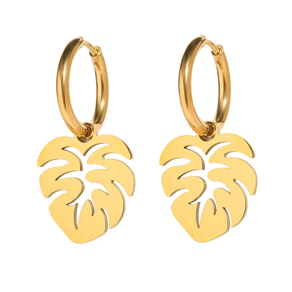 Stainless Steel Earrings Bohemian Tropical Plant Leaves Pendants Retro Glossy Aesthetic Hoop Earrings For Women Jewelry Girl New