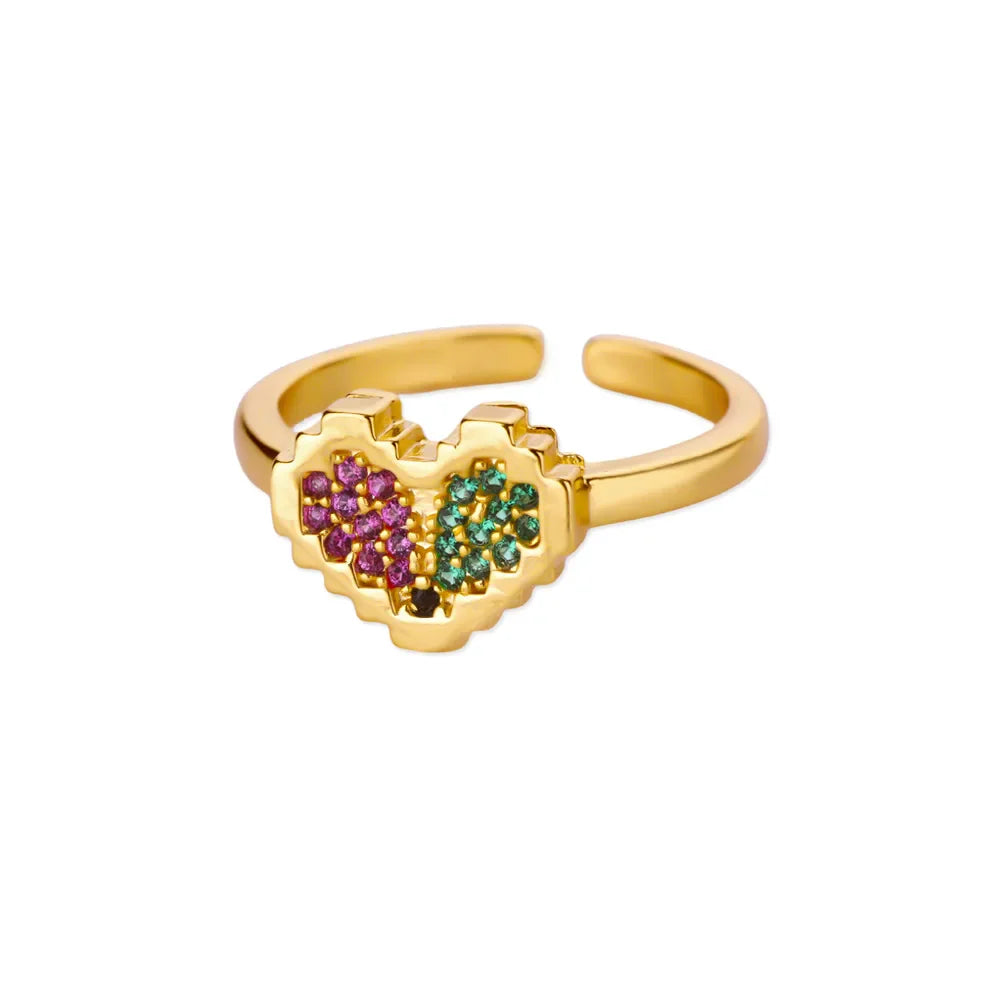 Zircon Colored Heart Ring For Women Gold Color Stainless Steel Heart Adjustable Ring Wedding Anniversary Waterproof Jewelry Gift