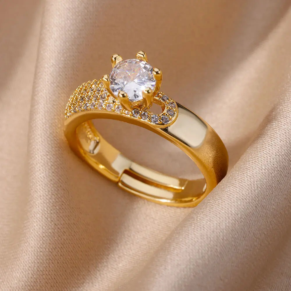 Zircon Chain Cross Rings For Women Vintage Gold Color Stainless Steel Geometric Open Ring Fashion Wedding Aesthetic Jewelry Gift