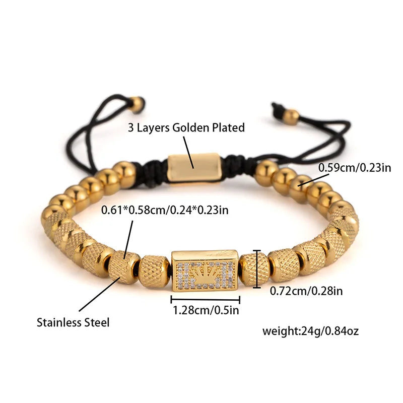 1set Stainless Steel Bracelet Pineapple Bead Crown with Zircon Weaving Adjustable Bracelet Set Trendy Fashion Accessories