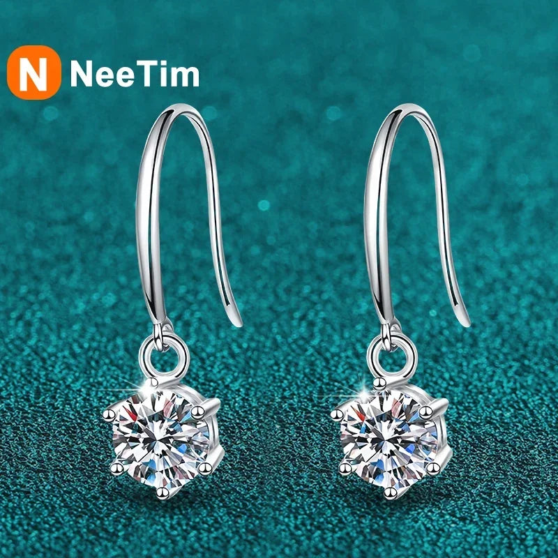 NeeTim 1ct 6.5mm Moissanite Droop Earrings for Women Original Wedding Chrismas Gift S925 Sterling Silver Hoop Earring Wholesale