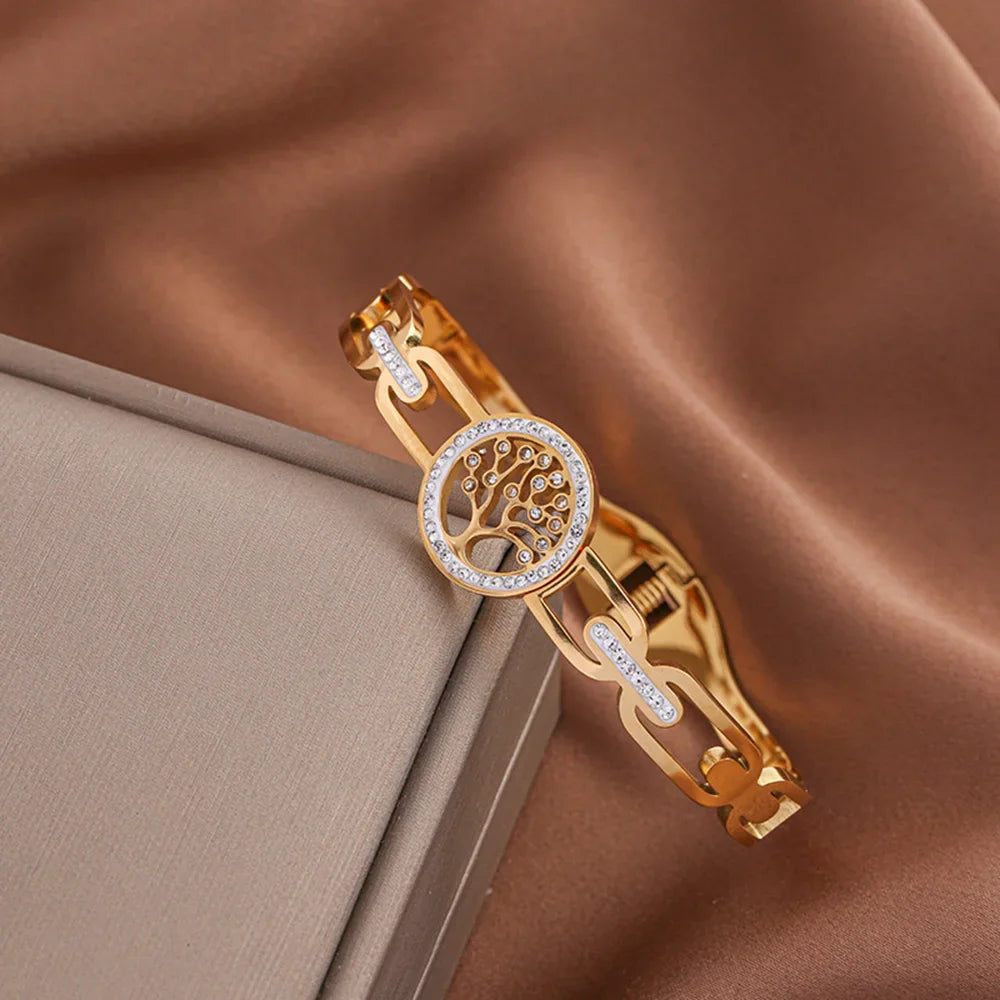 Luxury Stainless Steel Tree of Life Bangle for Women Men Crystal Zircon Bracelet Silver Gold Color Wrist Jewelry Accessories