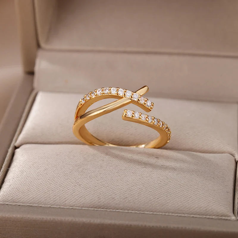 Zircon Chain Cross Rings For Women Vintage Gold Color Stainless Steel Geometric Open Ring Fashion Wedding Aesthetic Jewelry Gift