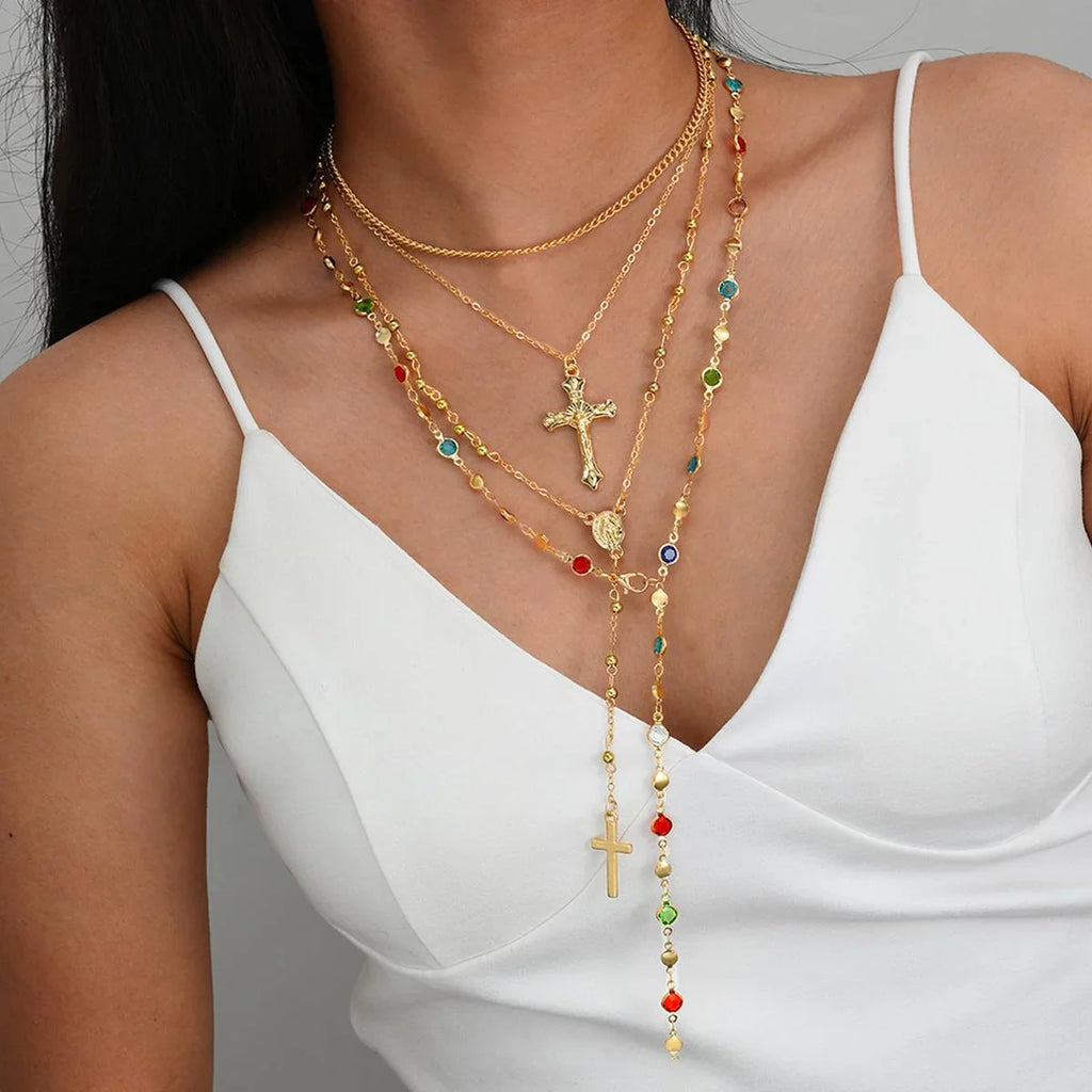 4Pcs/Set Cross Colorful Crystal Necklaces For Women Simple Gold Silver Color Y-Shaped Pendant Necklace Set New Christian Jewelry