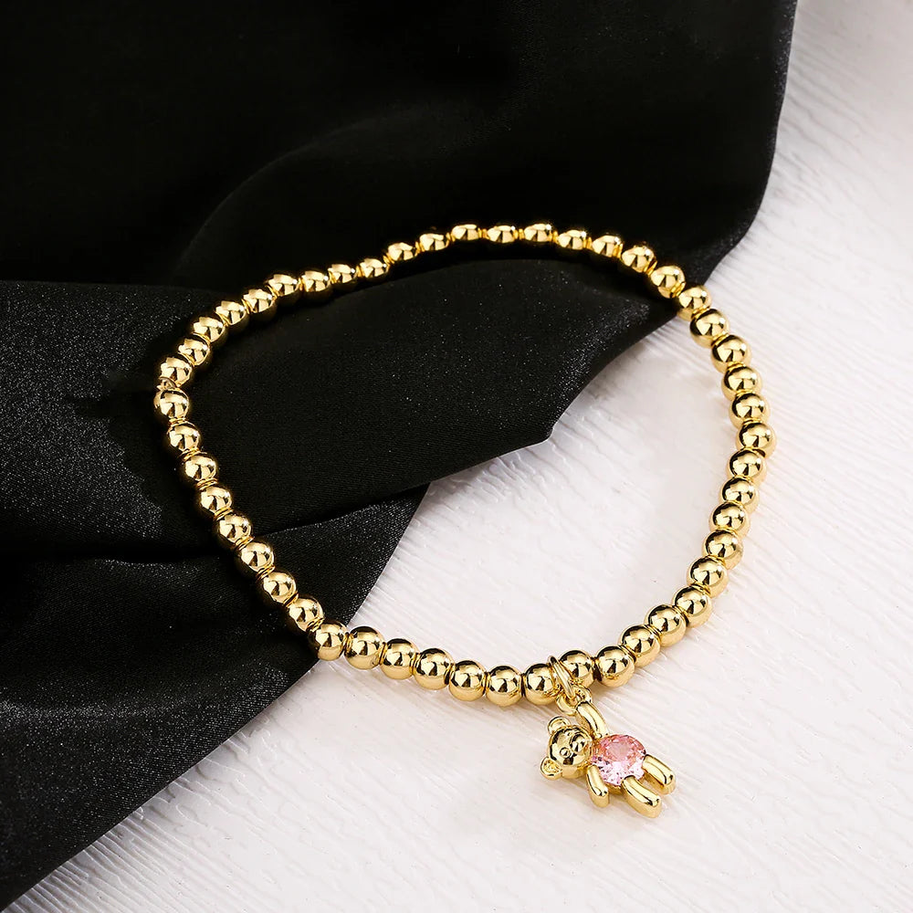 NEWBUY Trendy Gold Color Copper Beads Bracelets For Women White/Pink/Purple CZ Cute Bear Jewelry