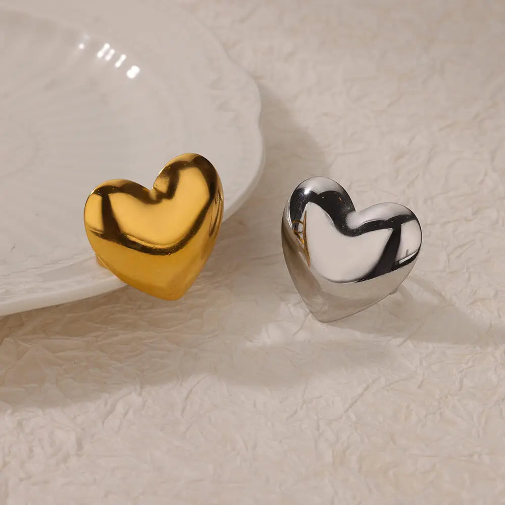 Cute Heart Chunky Stainless Steel Rings for Women Gold Color Open Adjustable Vintage Wedding Ring Aesthetic Jewelry Accessories