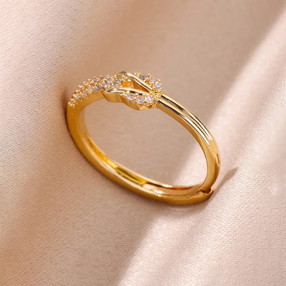 Zircon Chain Cross Rings For Women Vintage Gold Color Stainless Steel Geometric Open Ring Fashion Wedding Aesthetic Jewelry Gift