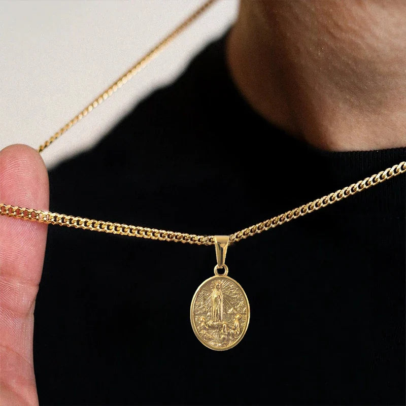 Hip Hop Jesus & Virgin Mary Pendant Necklace - 18K PVD Gold Plated Stainless Steel Jewelry for Men Gift