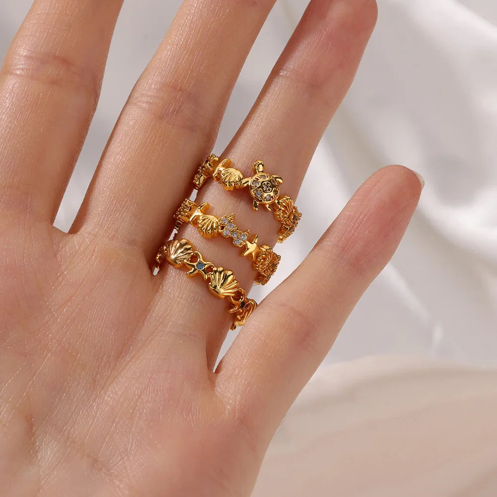 Green Zircon Seahorse Rings For Women Ocean Shell Starfish Turtle Stainless Steel Gold Color Finger Ring Summer Beach Jewelry