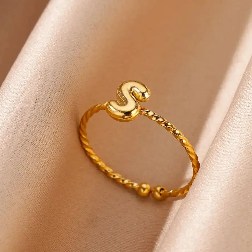 Cute Chunky Initial Letter Rings For Women Gold Color Stainless Steel A-Z Letter Adjustable Ring Aesthetic Wedding Jewelry Gift