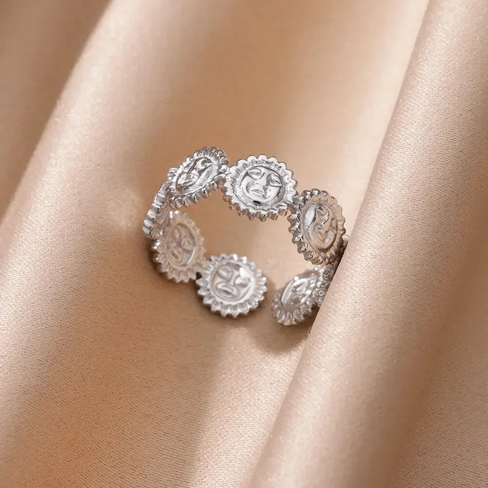 Vintage Sun Rings For Women Gold Color Stainless Steel Sun Ring Wedding Couple Aesthetic Fashion Wedding Christmas Jewelry Gift