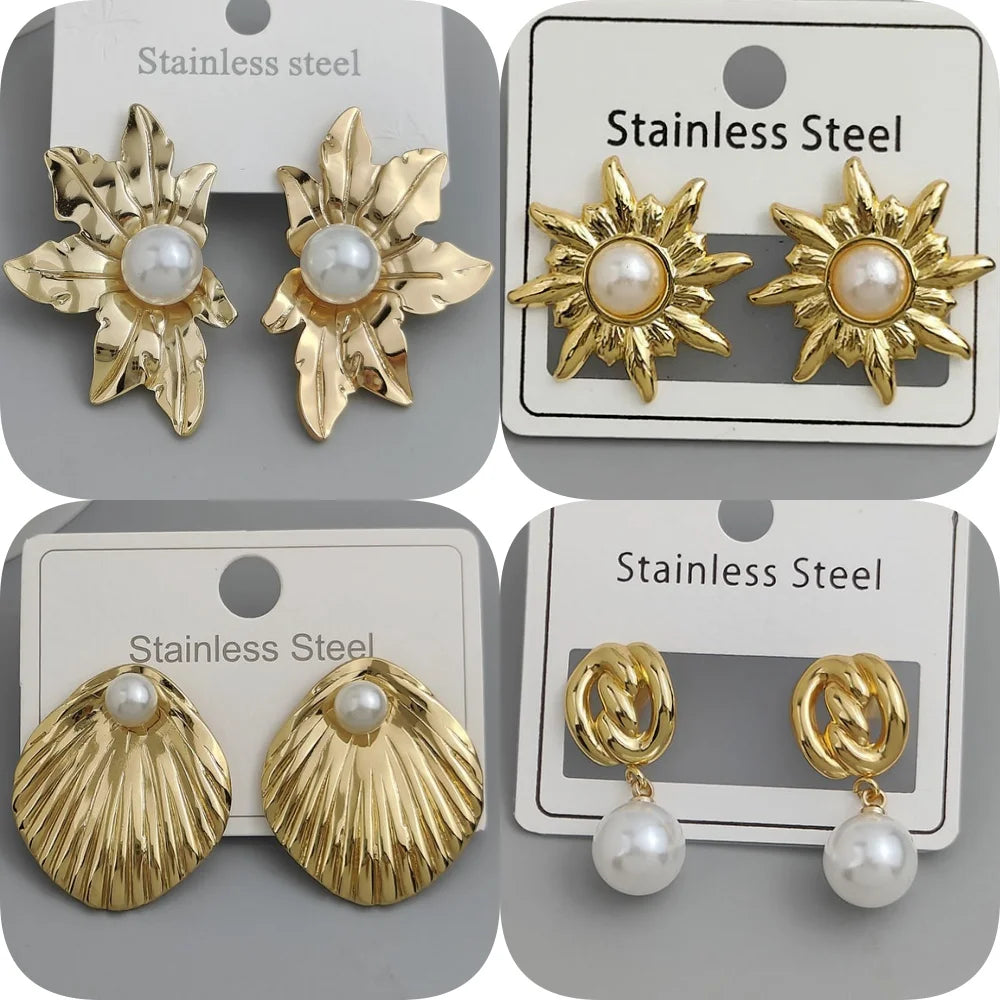 Creative heavy metal pearl shell stainless steel earrings, waterproof and rusty-free women's earrings, party jewelry