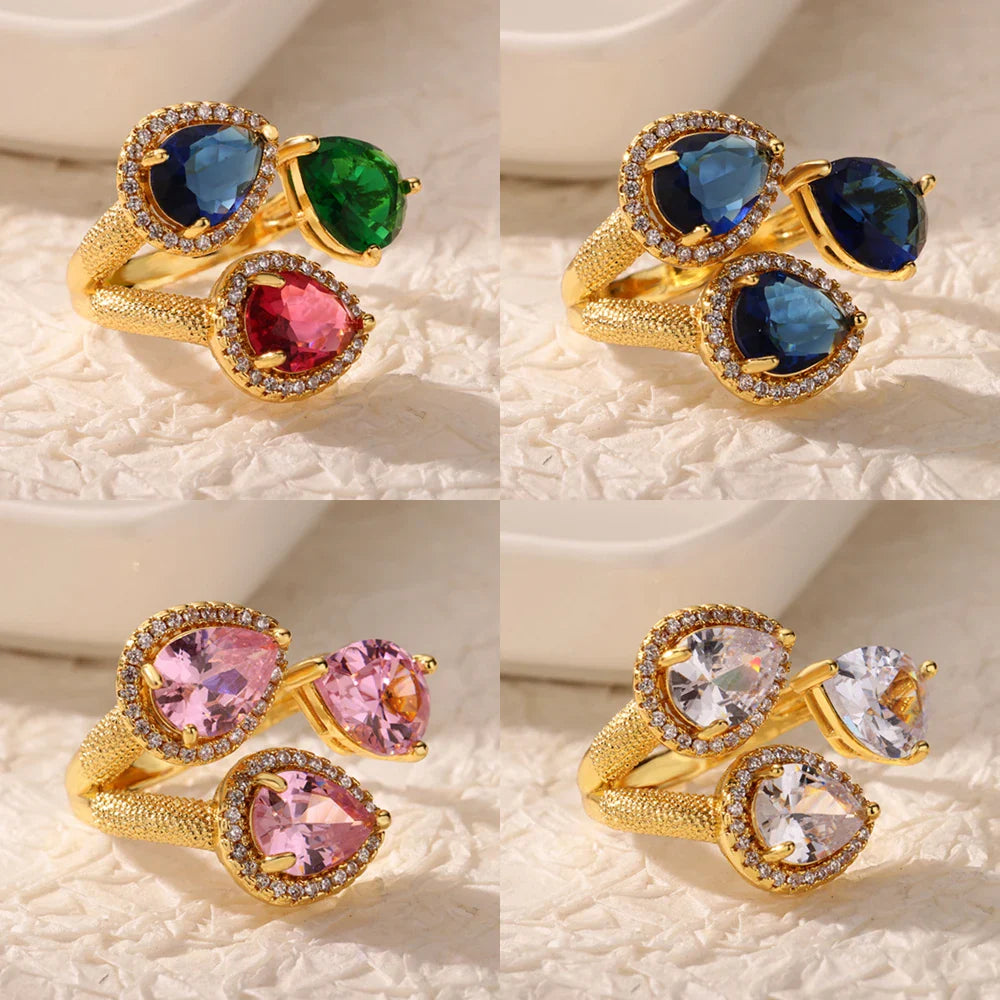 Luxury Colorful Zircon Rings For Women Fashion Gold Color Stainless Steel Open Finger Ring Wedding Party Aesthetic Jewelry Gift