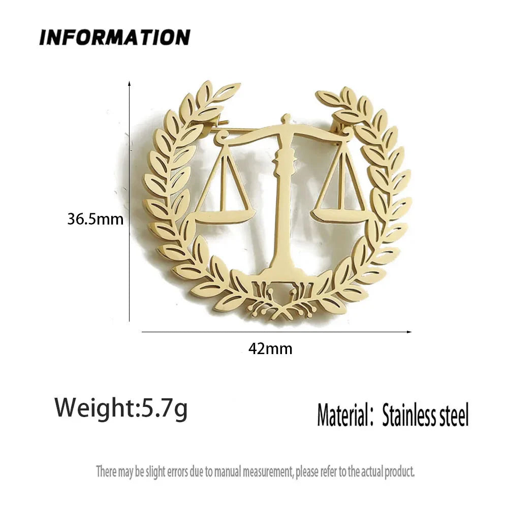 Original fair and justice balance hollow stainless steel gold-plated 18K brooch, suit lapel pin, waterproof formal fittings