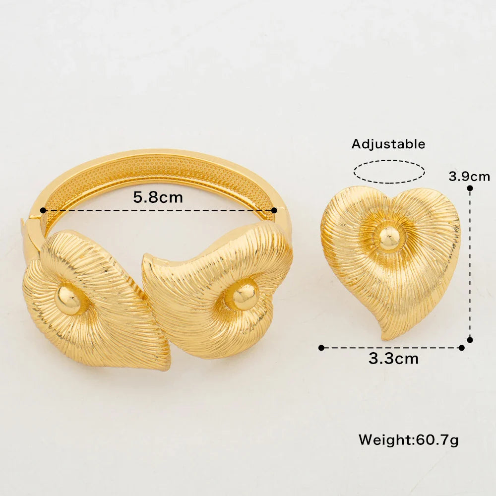 Fashion Women Bangle and Ring Jewelry Set 18k Gold Color Bracelet Cocktail Ring 2Pcs Set for Engagement Party Accessories Gifts