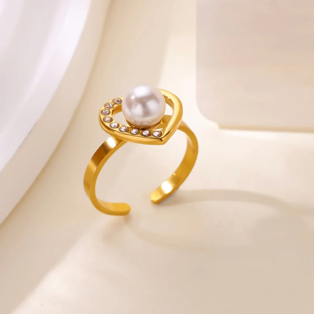 Fashion Pink Heart Zircon Rings for Women Gold Color Stainless Steel Imitation Pearl Ring Elegant Aesthetic Wedding Jewelry Gift