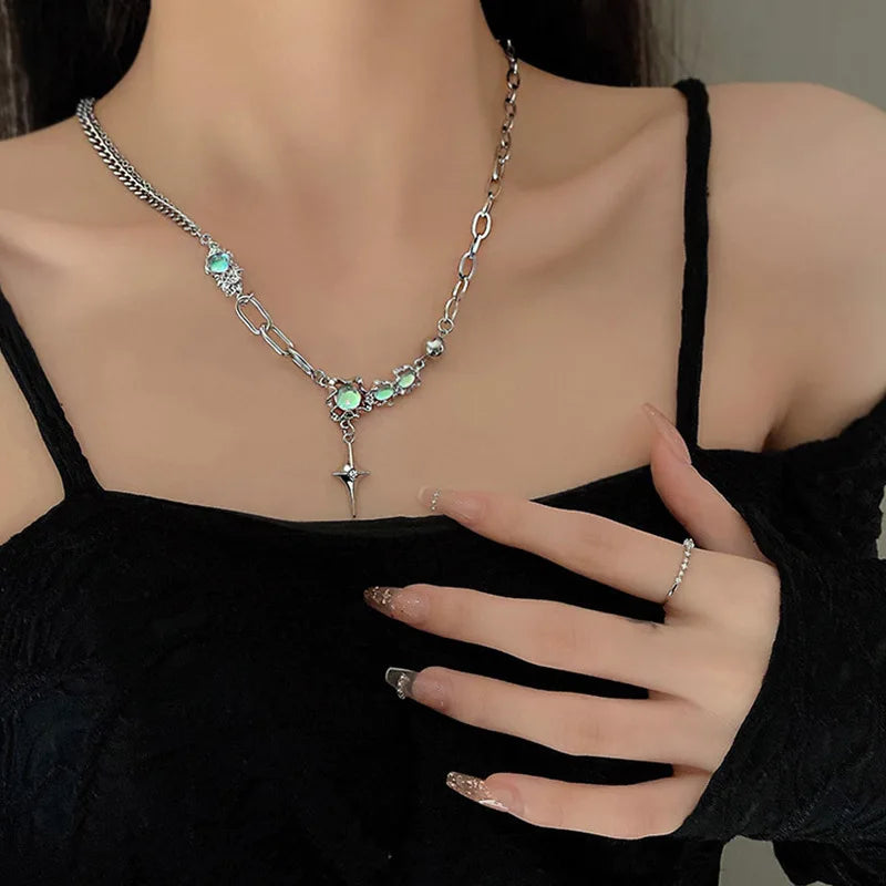 JWER Trendy Bling Moonstone Star Cross Pendant Necklace for Women Punk Hip Hop Star Chain CrystalNecklace Party Y2K Jewelry Gift