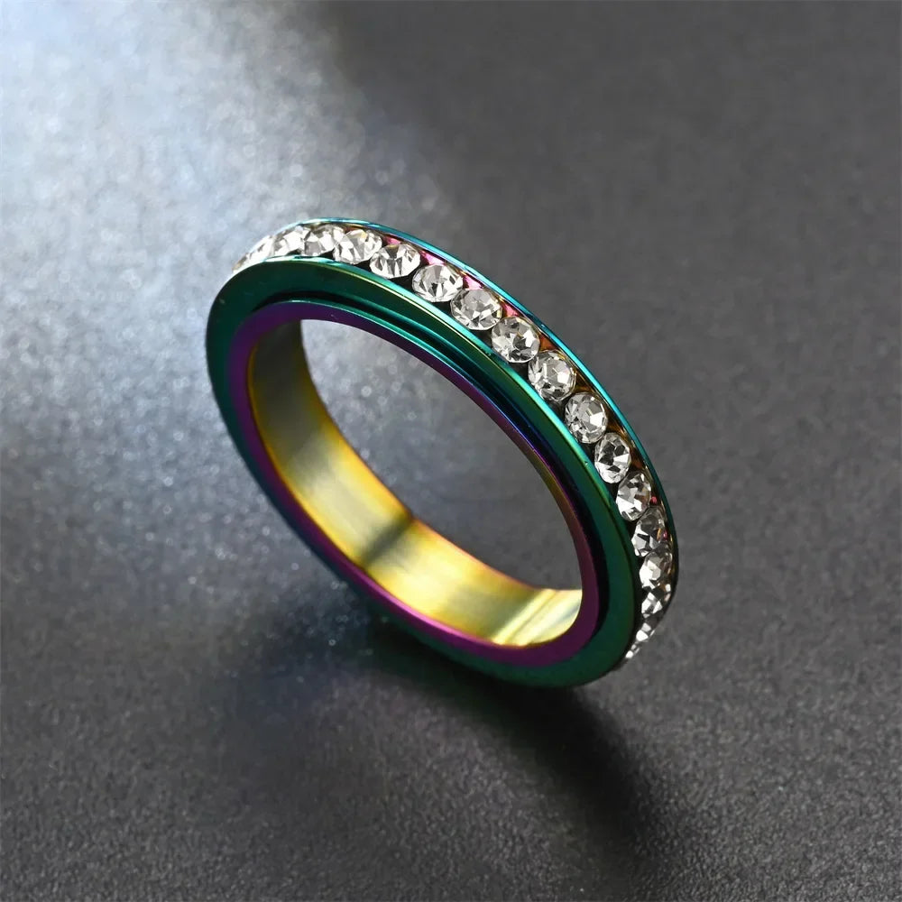 4MM Stainless Steel Spinner Finger Rings For Women Crystal Rotatable Wedding Ring Men Fashion Anniversary Party Jewelry