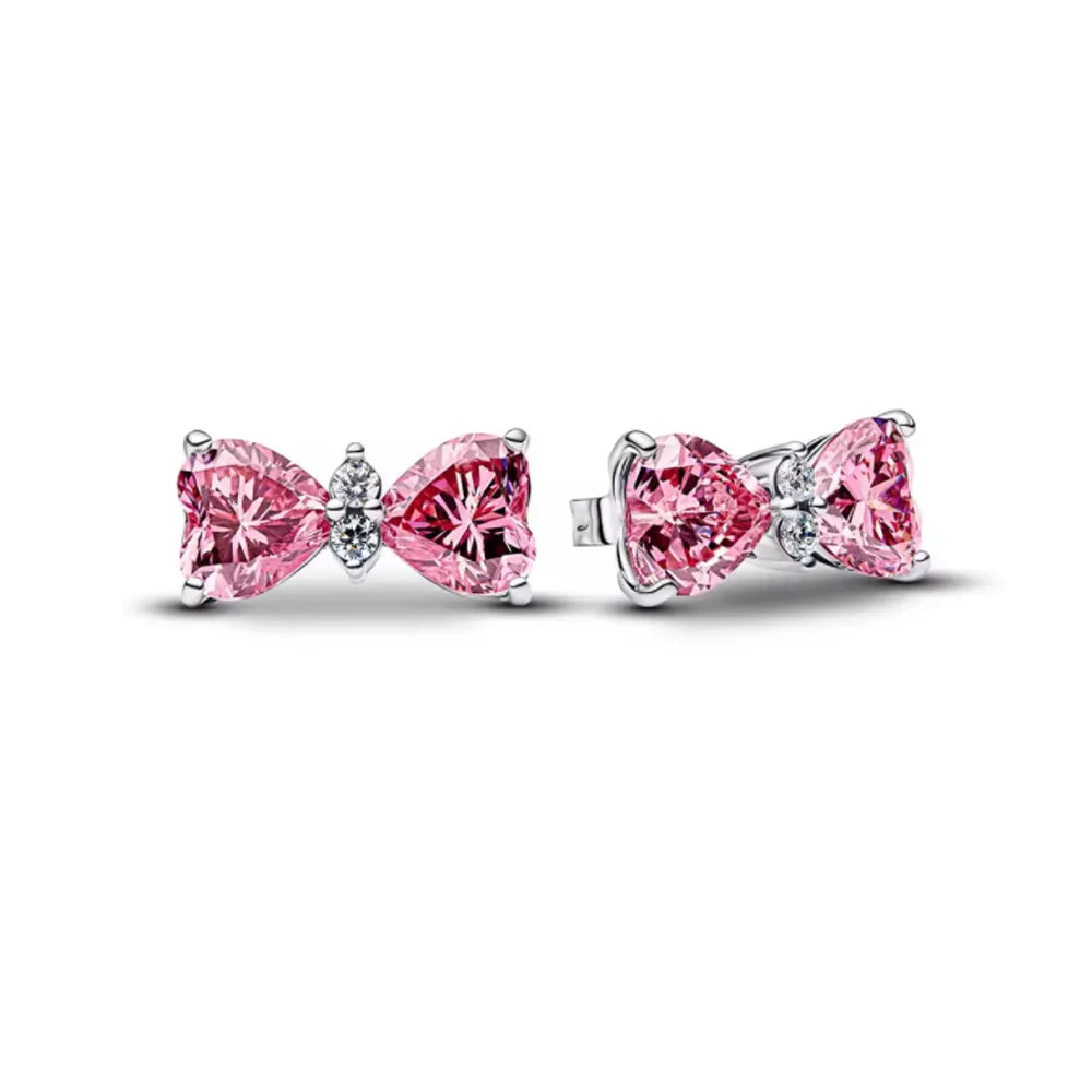 European New 925 Silver White Pink Stone Red Bow Stud Earrings, Fit Women's Festival Exquisite Charm Jewelry Gifts